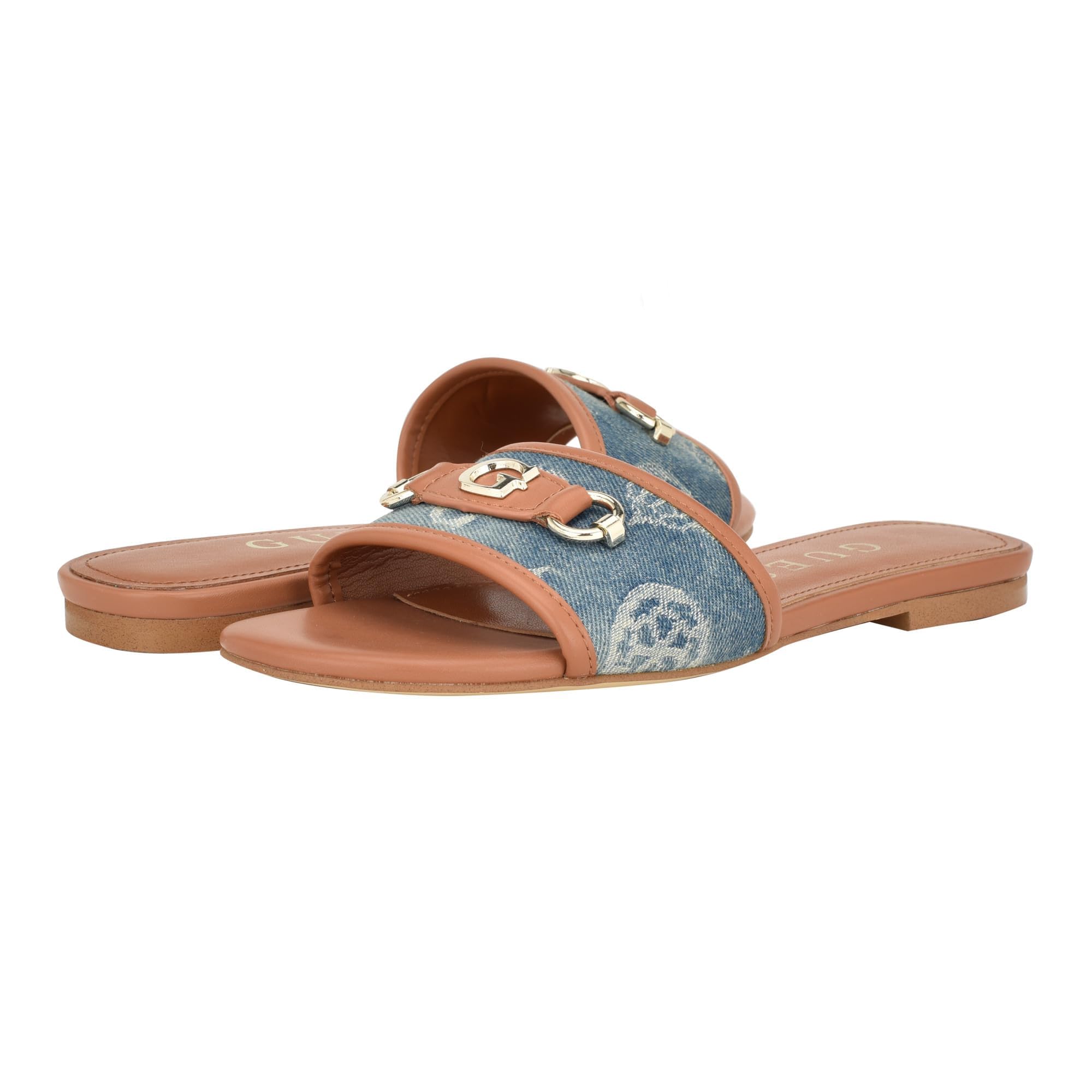 GUESS Women’s Hammi Flat Sandal, Blue Denim 420, 5