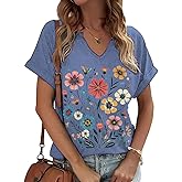 onivison Women's T-Shirts Vintage Flowers V Neck Boho Floral Wildflowers Graphic Tee Casual Cottagecore Short Sleeve T Shirt