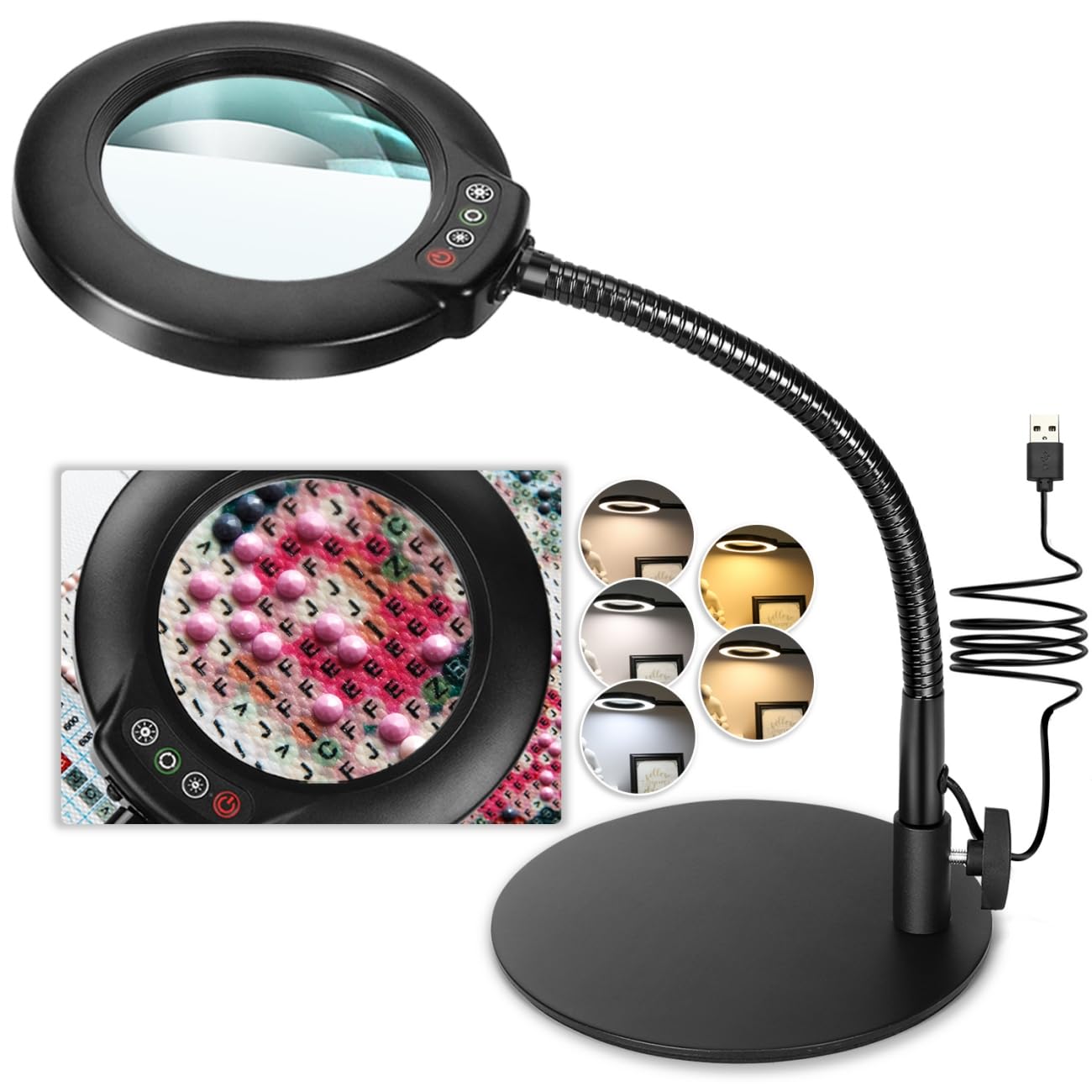 Veemagni 10X Magnifying Glass with Light and Stand, 5 Color Modes Stepless Dimmable LED Lighted Desk Lamp, Hands Free Flexible Gooseneck Magnifier with Light for Craft Hobby Painting Sewing Close Work