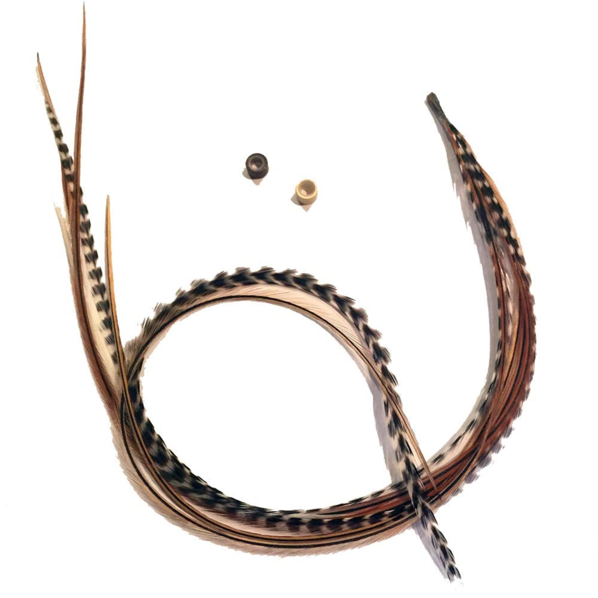 Photo 1 of "Feather Hair Extensions in Grizzly/Ginger with Browns and Beige - Bonded Set of 5 Feathers - 5-7 Inches Long"
