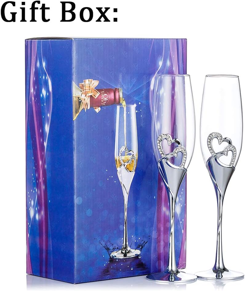 Sziqiqi 2-Piece Creative Champagne Glass Set Wedding Crystal Glasses Heart-Shaped Wedding Champagne Gift Cut Glasses, Silver - Image 3