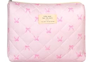 AMULOKRU Large Quilted Makeup Bag, Floral Cotton Cosmetic Bag, Coquette Aesthetic Travel Toiletry Bags for Women Girls