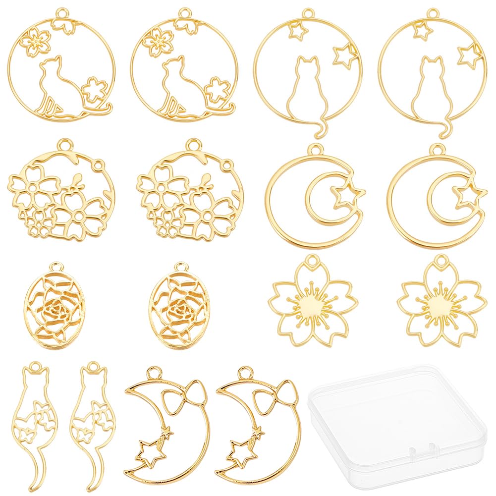 SUNNYCLUE 1 Box 32Pcs 8 Styles Alloy Open Back Bezel Pendants Moon Star Flat Round with Cat Flower Hollow Frame Charms for Crafts
