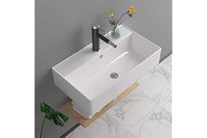 Vessel Sink, Lofeyo 21"x12" Bathroom Wall Mount Floating Sink Rectangular White Porcelain Ceramic Vessel Vanity Sink Art Basin Middle Faucet Hole