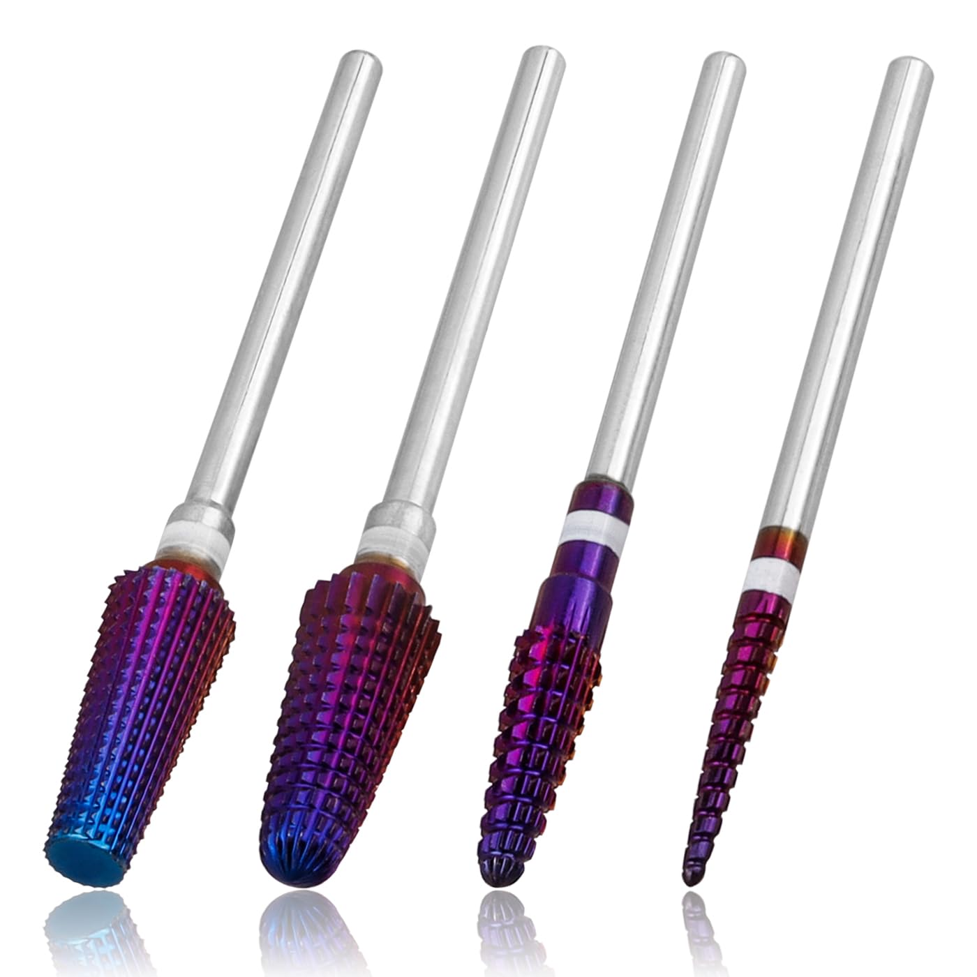 Mesee 4Pcs 5 in 1 Nail Drill Bit Set, Professional Tornado Nail Bits 3/32" Tungsten Carbide Efile Multi-function Bits Cuticle Bit Purple Tornado Nail Carbide Drill Bits for Nails Polishing