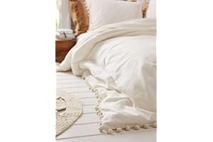 Flber White Pom-Fringe Duvet Cover King Queen Queen Size 86in x 90in