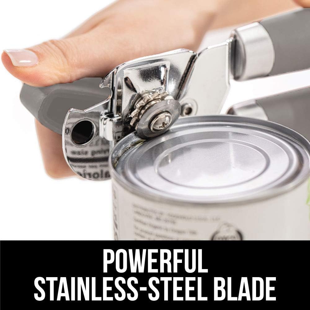 Gorilla Grip Manual Can Opener, Handheld Comfortable Grip, Oversized Easy Turn Knob, Built in Bottle Opener, Hangs for Convenient Kitchen Storage, Blades Easily Open Tin Cans for Smooth Edge, Gray: Kitchen & Dining