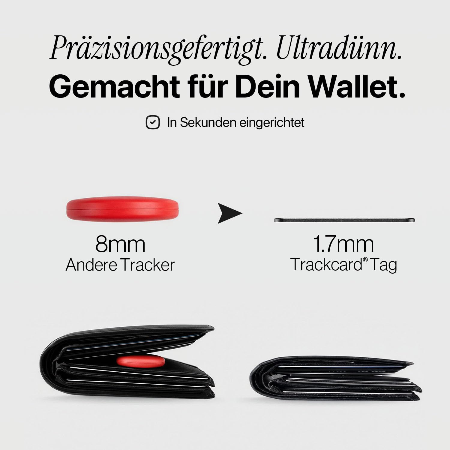 TRACKCARD® Tag AirTag Alternative Karte für Geldbeutel - Wiederaufladbar, Smart, Slim & Laut, Kompatibel mit Apple Wo Ist & Find My (iOS) iPhone Bluetooth Tracker Karte für Wallet 4