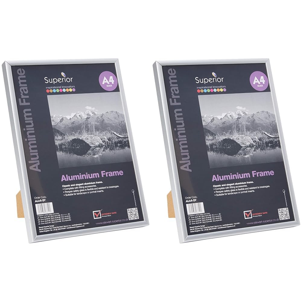 Stewart Superior A4 Brushed Aluminium Picture Frame with Perspex Safety Glass - Silver (Pack of 2)