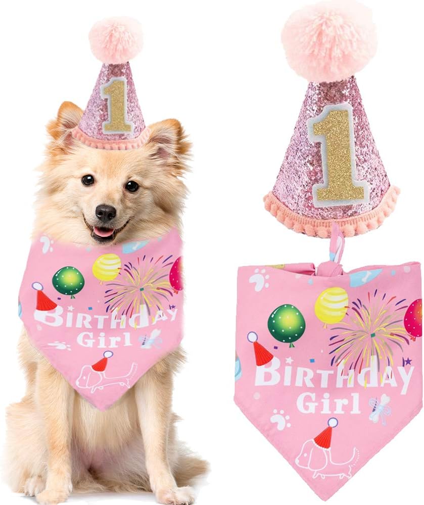 BIPY 1st Birthday Dog Hat Bandanas Set for Girls Small Medium Puppy First Birthday Blue Grooming Supplies Pet 1 Year Birthday Celebration Decoration Accessories
