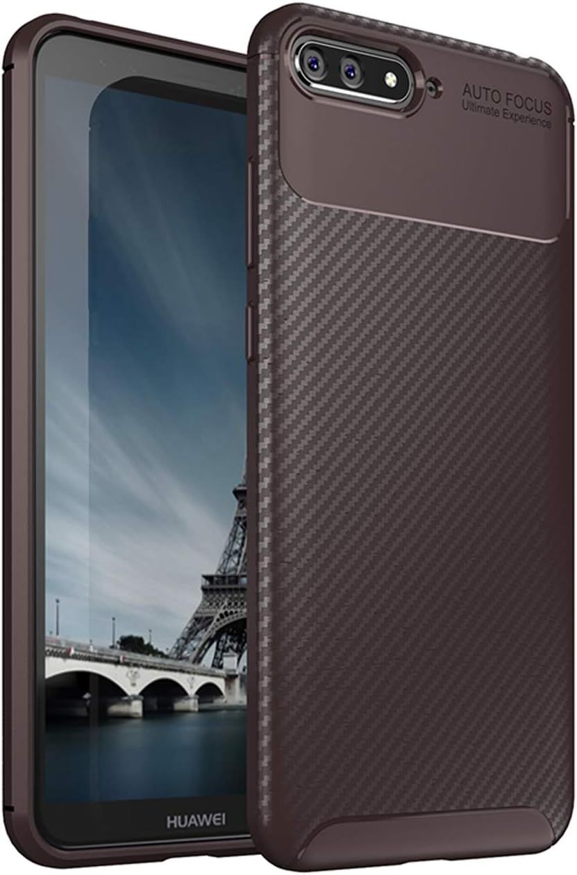TTVie Case for Huawei Y6 2018, Ultra Slim Flexible TPU Shock Absorption and Carbon Fiber Bumper Protective Cover Case for Huawei Y6 2018 5.7" Smartphone, Carbon Fiber Brown