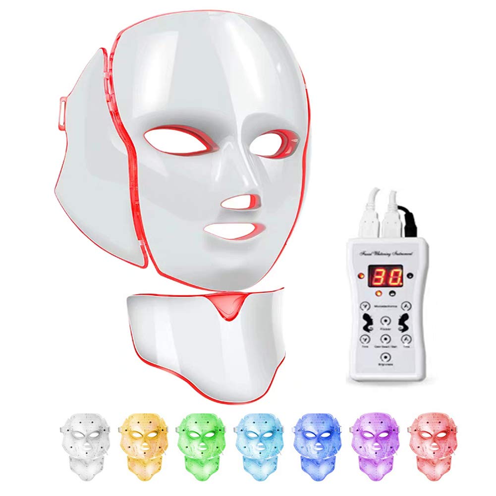 Led Face Mask 7 Color Facial Skin Care Mask with Blue & Red Light Skin Mask for Home SPA Use (White)