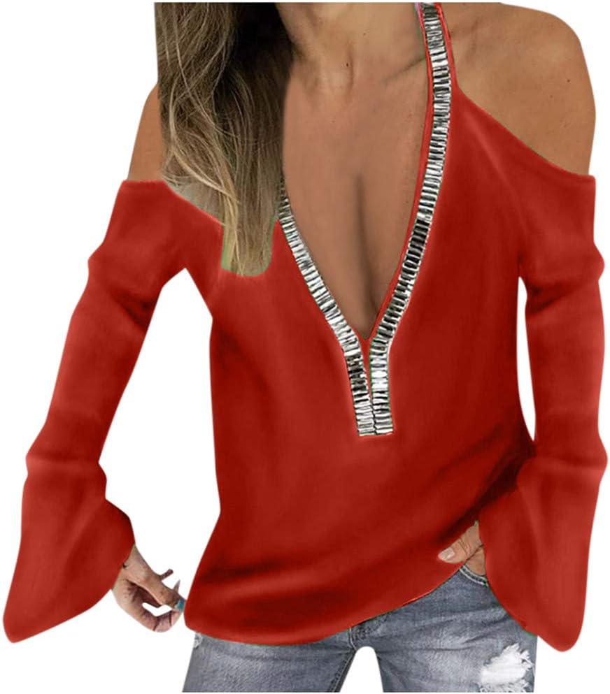 Aniywn Women Spring Autumn Sexy Deep V-Neck Solid Off-Shoulder Flare Sleeve Sequined Tops Plus Size T-Shirt