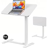 Overbed Bedside Table with Wheels, Foldable Rolling Desk Adjustable Height | 180&deg; Tiltable, Sit-Stand, Laptop Mobile Standing Desk, Portable Computer Workstation for Home, Hospital, Couch, Sofa, White