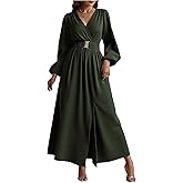 winkbay Women's Elegant Wrap V Neck Maxi Dress Lantern Long Sleeve Belted Slit A Line Wedding Guest Dresses