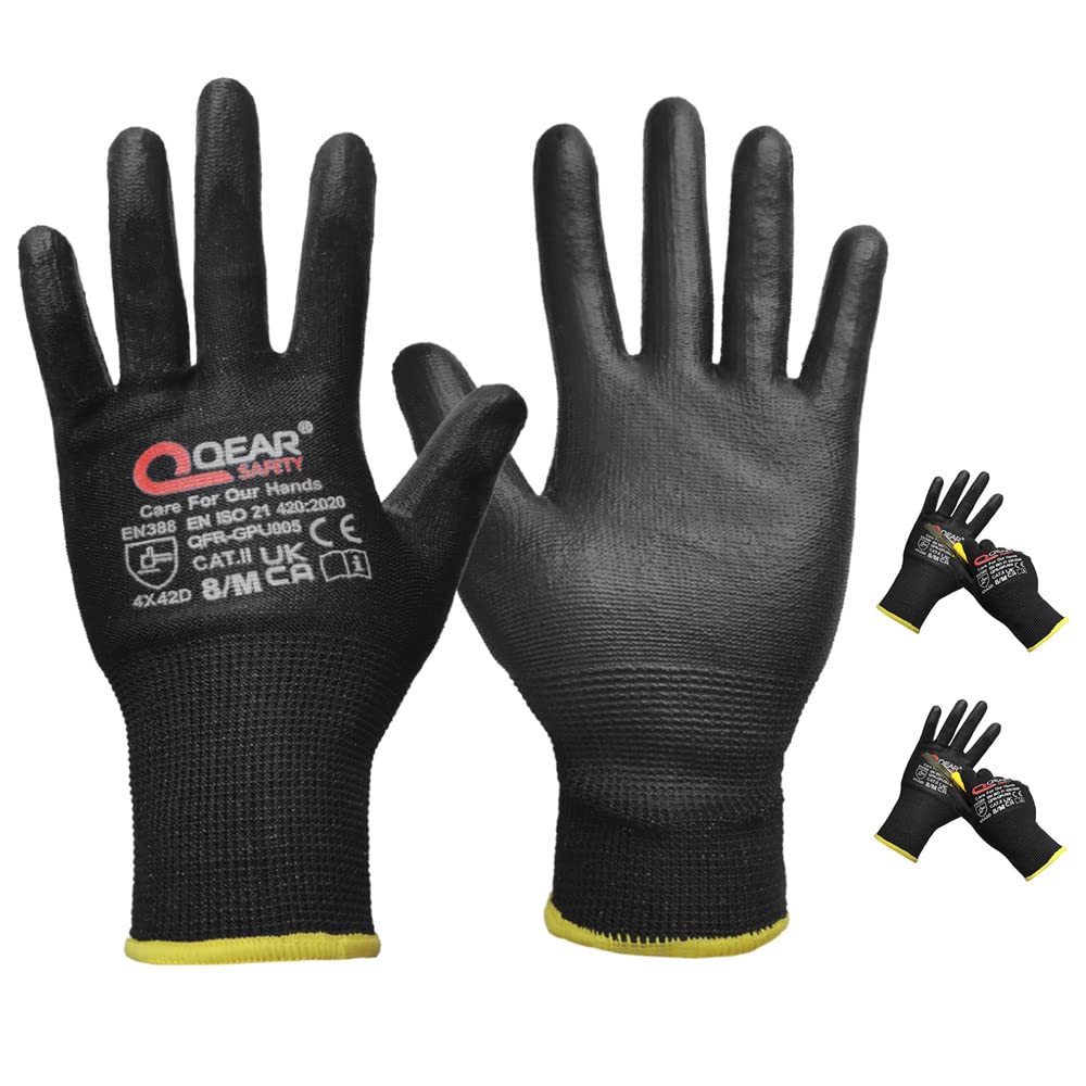 QEARSAFETY 2 Pairs Cut 5 Work Safety Gloves, Thin PU Palm Coated, Blade Cut, Sharp Edge Cut Risk Protect, Dexterity, Comfort, Grip (L)