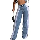 knowfashionstyle Women’s Jeans Wide Leg Patchwork Stripes High Waist Jean Color Block Baggy Straight Trendy Demin Pants
