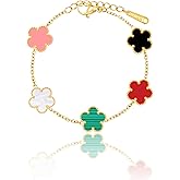 14K Gold Plated Dainty Colorful Five Leaf Clover Dot Bracelets for Women Lucky Flower Jewelry