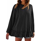 Tankaneo Womens Oversized Peplum Tunic Tops Long Sleeve Babydoll Tops Casual Pleated Shirts Crew Neck Flowy Loose Fit Tees