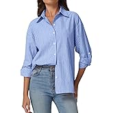 QINSEN Oversized Button Down Shirts for Women Long Sleeve Striped Casual Blouse Cotton Tops