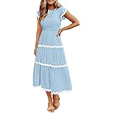 ZESICA Womens Summer Casual Smocked Midi Dress 2026 Flutter Short Sleeve High Waist Tiered Flowy Boho Vacation Dresses