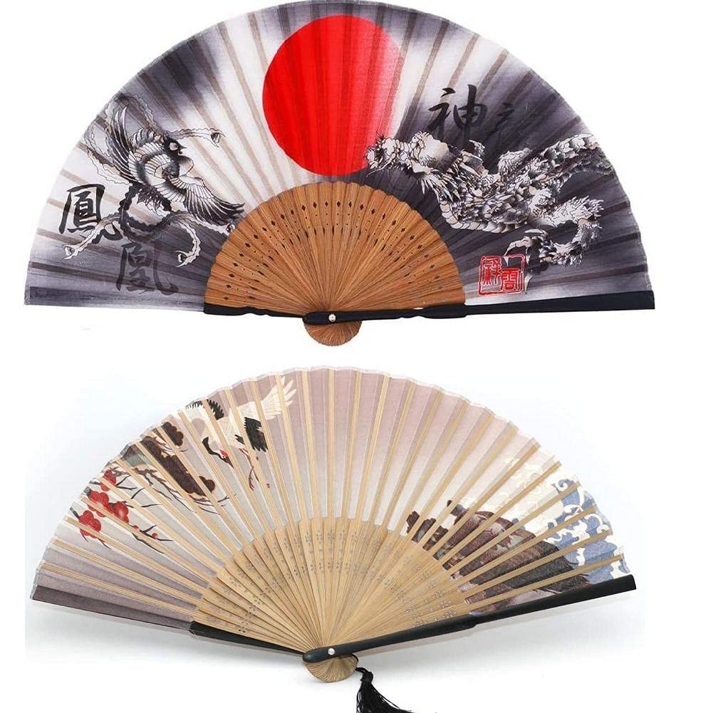 1SourceTek 2Pcs Silk Hand Held Fan 8.27 inches (21cm) Hand Fans for Women Folding - Japanese Vintage Retro Style (Tortoise and Crane + Dragon and Phoenix)