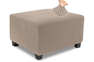 NeColorLife Stretch Ottoman Cover Square Soft Knitted Jacquard Washable Thick Storage Foot Stool Cover for Square and Rectangle Ottomans Khaki Large