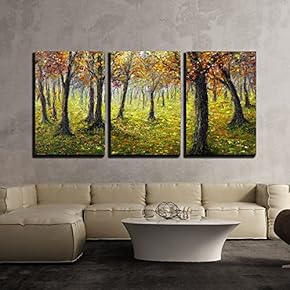 3 Piece Canvas Wall Art - Original Oil Painting Showing Beautiful Autumn Forest on Canvas - Modern Home Art Stretched and Framed Ready to Hang - 16"x24"x3 Panels