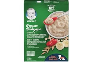 GERBER Organic Cereal Wheat & Wholegrain Oatmeal with Banana Raspberry, Baby Food, Cereals, 8+ Months, 208 g, 6 Pack