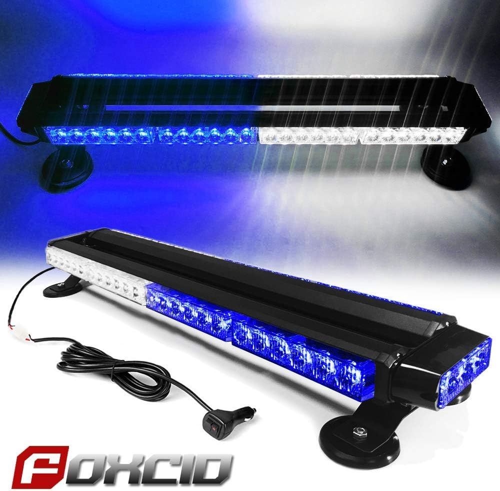 FOXCID White Blue 26" 54 LED Roof Top Double Side Emergency Security Flash Strobe Light Bar Caution Warning Beacon Light w/Magnetic Base for Construction Vehicles Tow Trucks Vans Tractor Snowplow