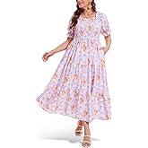 Women's Plus Size Casual Maxi Dress Square Neck Smocked Dress Short Puff Sleeve Floral Solid Summer Dress