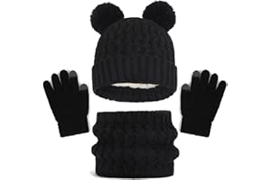 ENWOKRAN Kids Winter Beanie Hat Scarf and Touchscreen Gloves Set,Fleece Lining Beanie Hat Knit Gloves Neck Warmer for Children 2-8