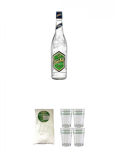 CanaRio Cachaca Superior 1,0 Liter + Sarkara weißer Rohrzucker für Cocktails 1,5 Kg + Velho Barreiro Caipirinha Glas 4 Stück