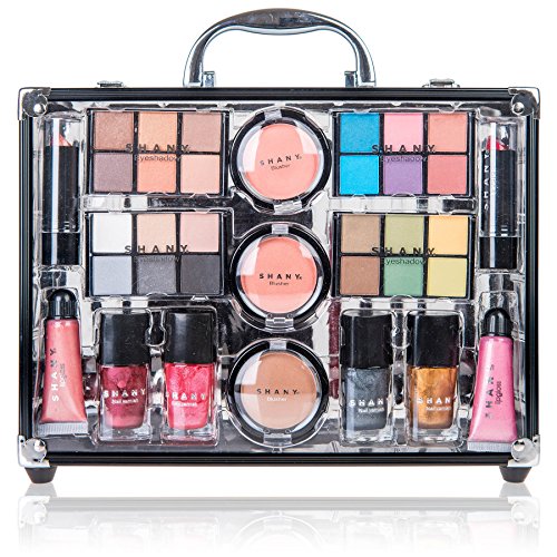 SHANY Carry All Trunk Makeup Train Case with Re-usable Aluminum Makeup Storage Case. Make up Set with Eye palettes, Blushes,Makeup Powders, Manicure, Pedicure and Makeup Brushes.