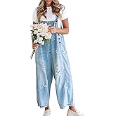 Gihuo Denim Overalls for Women Jean Bib Overalls Wide Leg Loose Fit Barrel Baggy Distressed Adjustable Straps