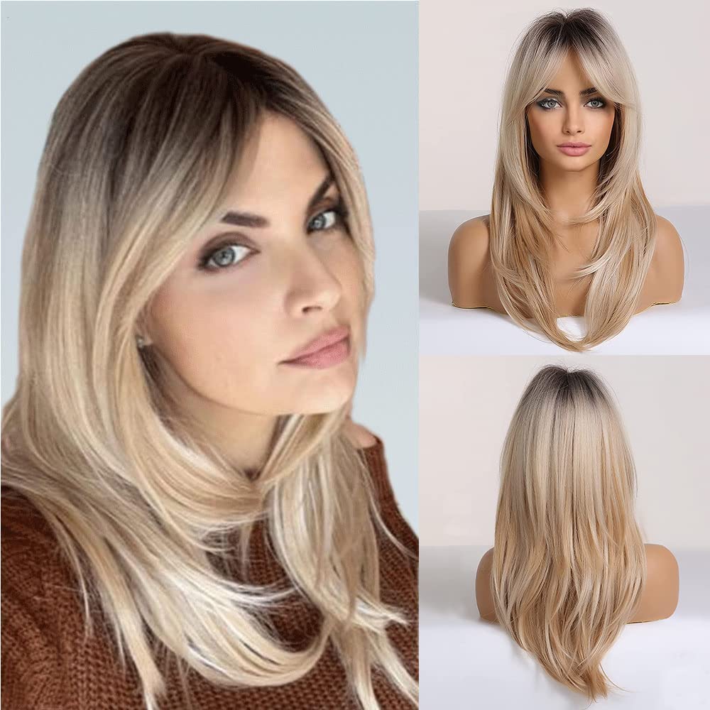 Ms Taj Blonde Wig for Women Long Layered Wig with Fringe Slight Curly Synthetic Wigs for Women with Dark Root for Daily Party