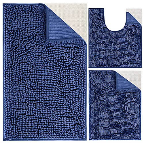 Thick Chenille Non Slip Navy Blue Bathroom Rugs and mats Sets 3 Piece