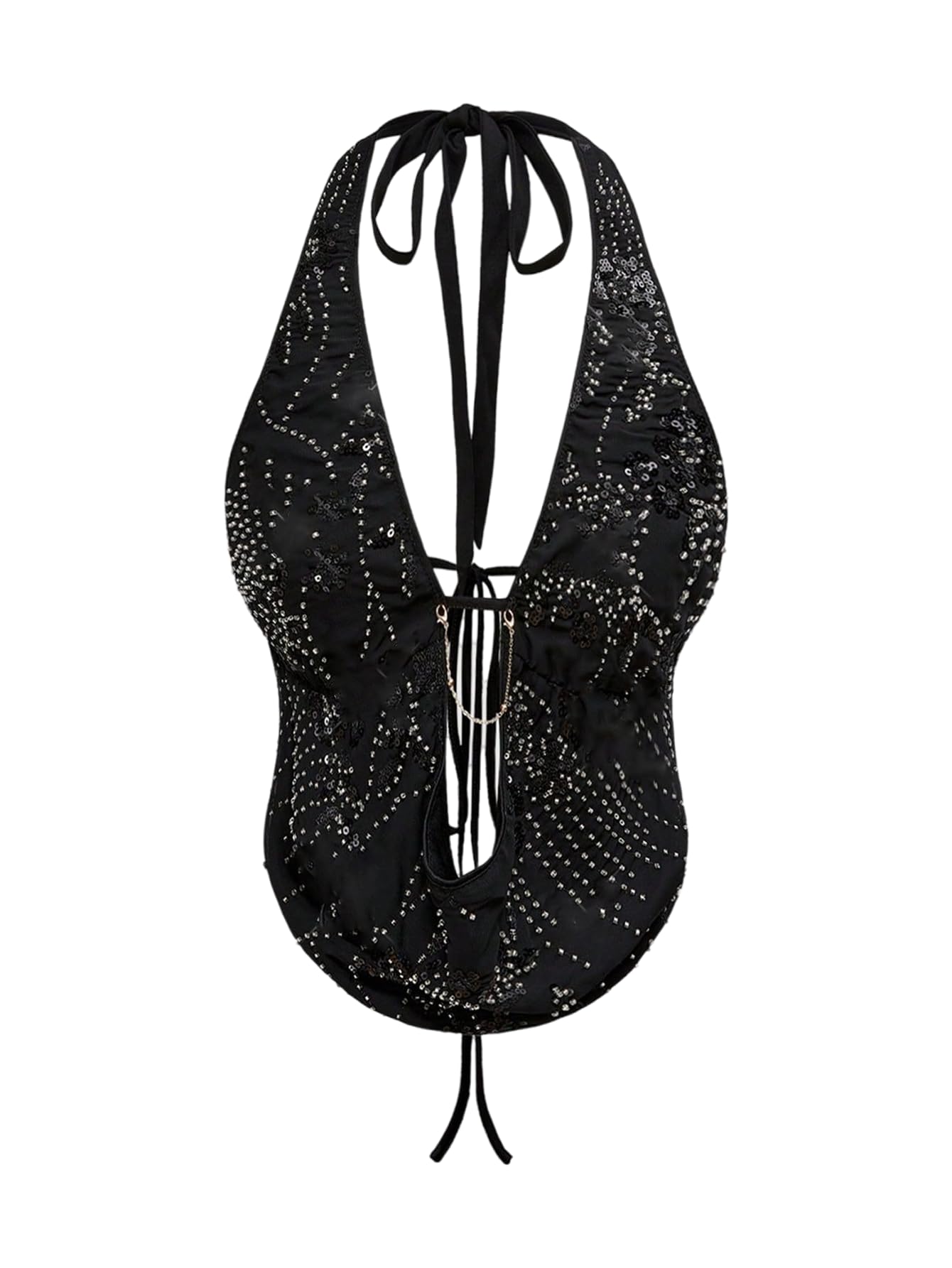 Photo 1 of Verdusa Women's Cheetah Print Sequin Top Y2K Tie Back Corset Halter Going Out Crop Tops Black-2 Small