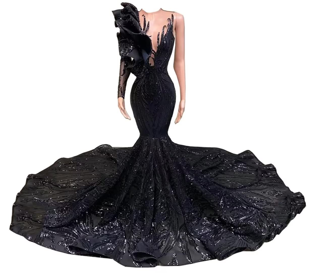 Photo 1 of Oidkalad V-Neck Shiny Sequined Mermaid Long Prom One Shoulder Evening Shower Party Dress Women's Ball Gowns Black