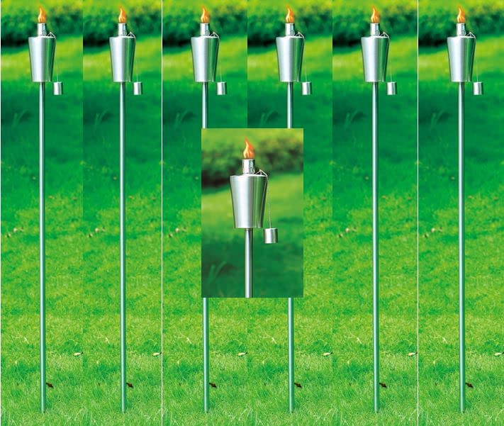 Garden Haven® High Quality Stainless Steel Fuel-Lit Oil Paraffin Garden Tiki Torch Lantern Light Torches Pack of 6-230ml Capacity Child Proof Wicks Outdoor Path 146cm Length, Summer Citronella