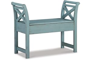 Signature Design by Ashley Heron Ridge Antique Distressed Wood Accent Bench with Storage, Blue