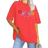 Women's Mexican Shirts Embroidered Oversized T Shirt Boho Floral Tee Vintage Flowers Graphic Tee Tops