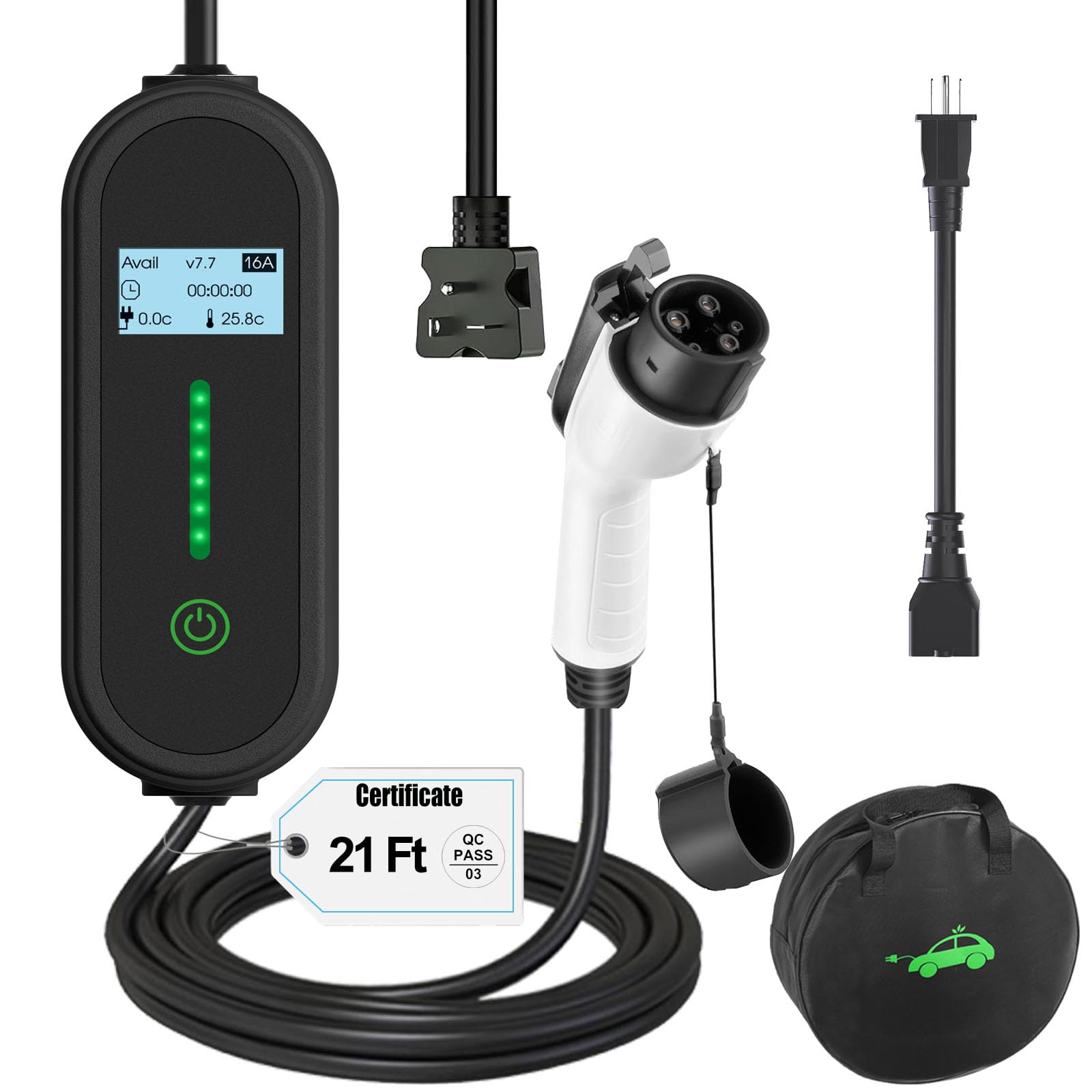 Photo 1 of 16Amp Level 1&2 Portable EV Charger,110V/240V Electric Car Charger with 21ft Cable,Adjustable Current 8A-16A and Time Setting,NEMA 5-15 & 6-20 Plug,J1772 Charger for All EV/PHEV Charging Cord