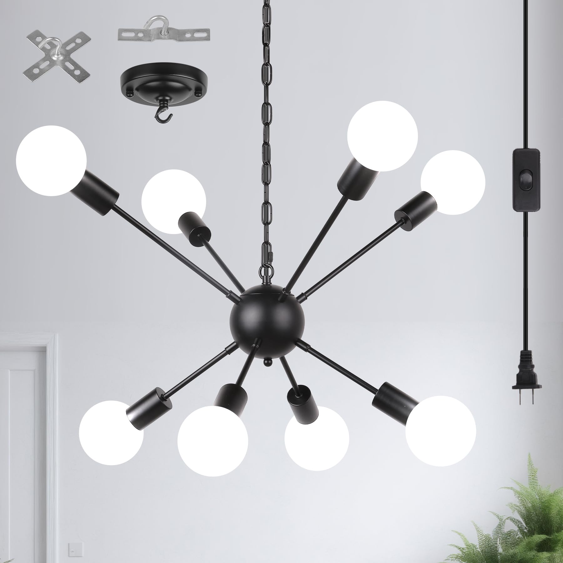 Photo 1 of CHENBEN Sputnik Chandeliers Black Plug in Pendant Light with Cord,8 Light Plug in Chandelier for Dining Room,Hanging Lights with Plug in Cord 16.4ft for Living Room, Kitchen, Entryway