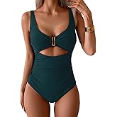 Eomenie Women's One Piece Swimsuit Tummy Control Ruched Bathing Suit Cutout V Neck Swimwear High Cut Tie Back Swim Suit