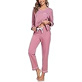 COLORFULLEAF Women's 100% Cotton Pajama Set with V-Neck, Long Sleeves & Long Pants, 2-Piece Sleepwear with Pocket S-XXL