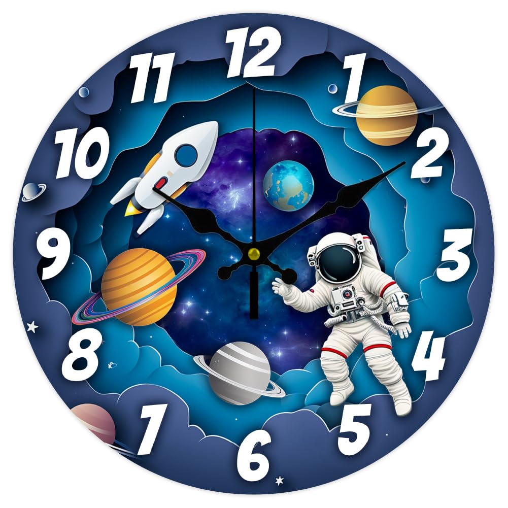 CHGCRAFT 12 Inch Astronaut Spaceman Round Kitchen Wall Clock Battery Operated Silent Non Ticking, for Home Bedroom Office Living Room Bathroom Decor
