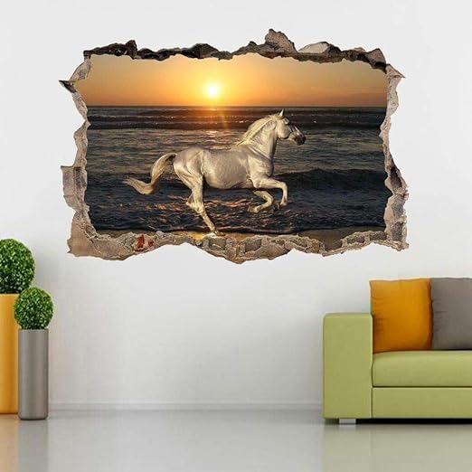Wandtattoo Pferd am Meer Sonnenuntergang 3d zerschlagene Wand Aufkleber