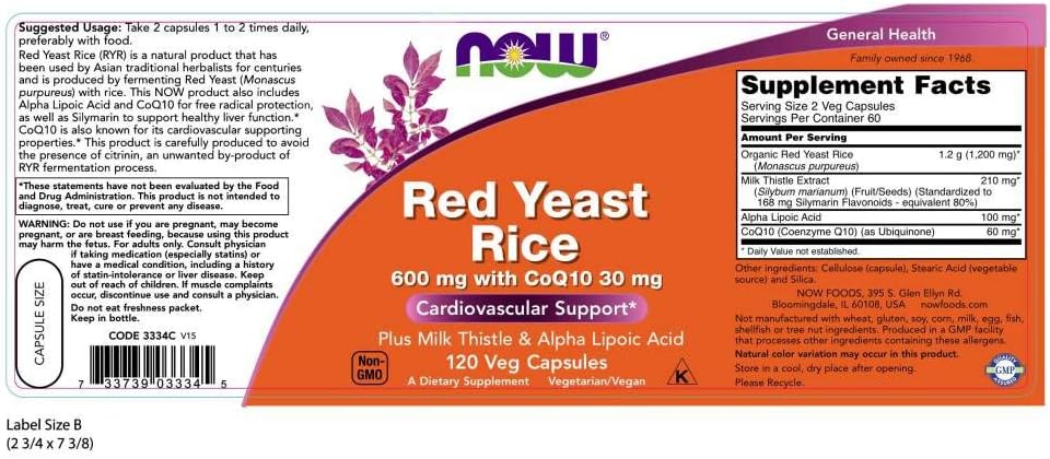 NOW Supplements, Red Yeast Rice with CoQ10, plus Milk Thistle & Alpha Lipoic Acid, 120 Veg Capsules: Health & Personal Care