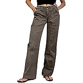 Flamingals Women Straight Leg Mid Rise Casual Solid Seam Front Flap Pocket Pants